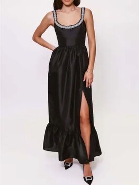 Black Maxi Dress with Embellished Scoop Neck and Side Slit